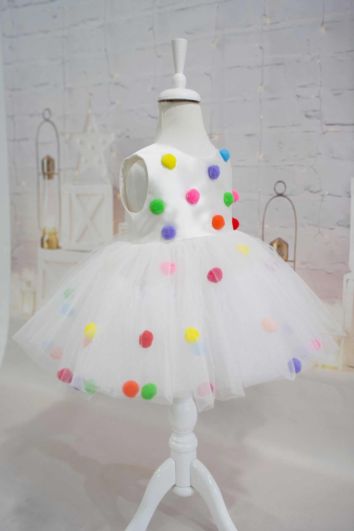 Pompom Tulle Baby Girl Dress: Rainbow Fluffy Costume