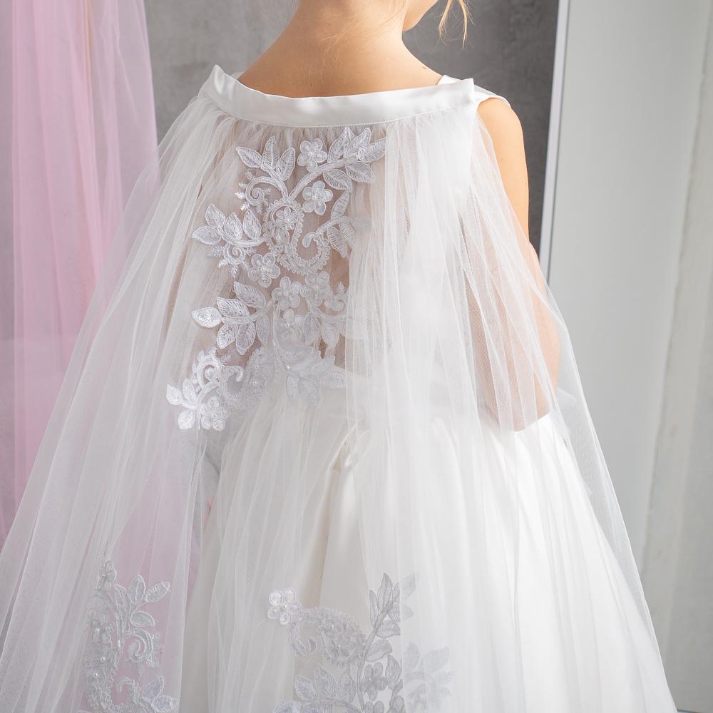 White Satin Flower Girl Dress: Tulle Cape, Lace Appliqués & Handbag