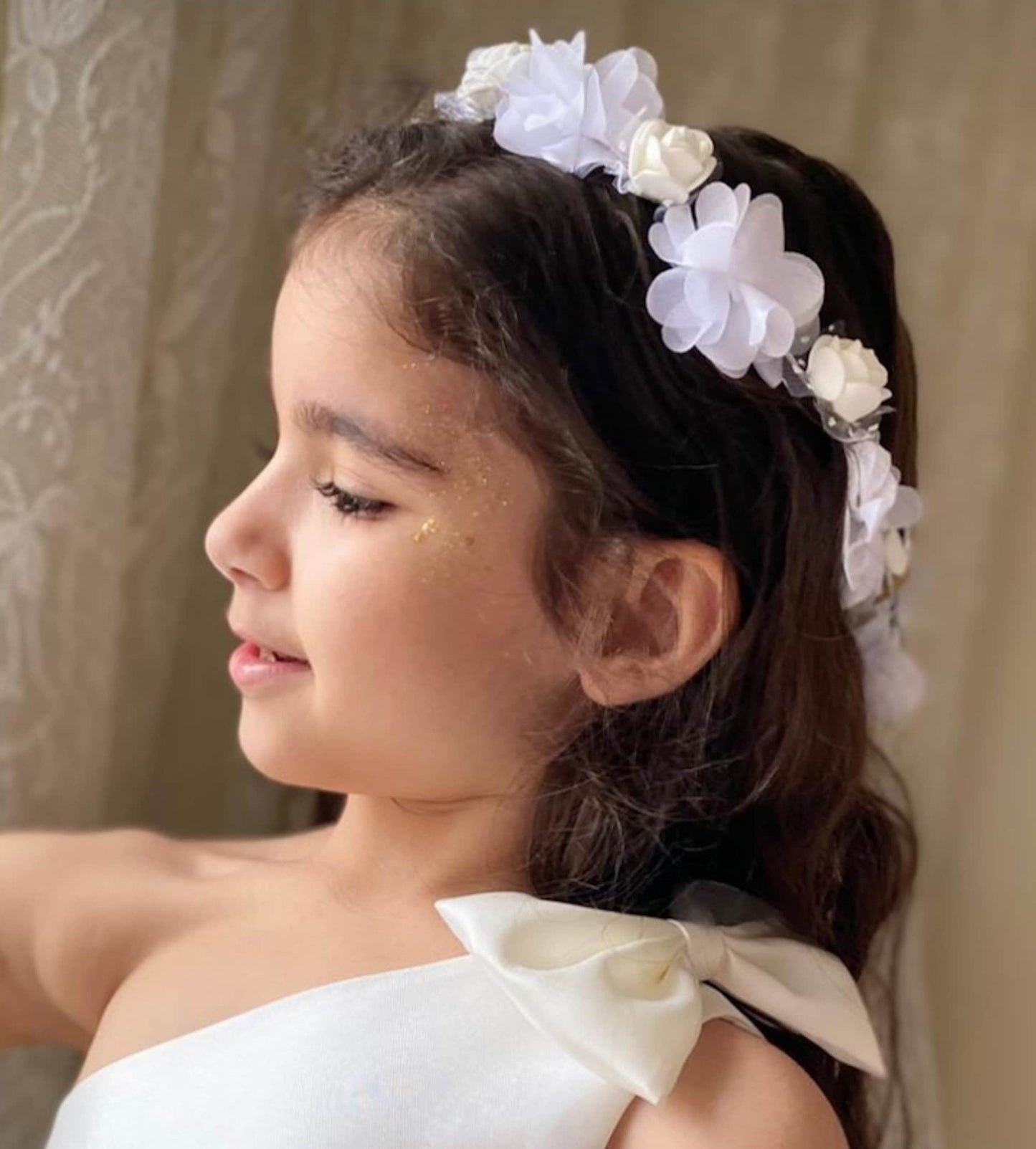 Satin Flower Girl and Communion Dress: One Shoulder Tulle, Big Bow