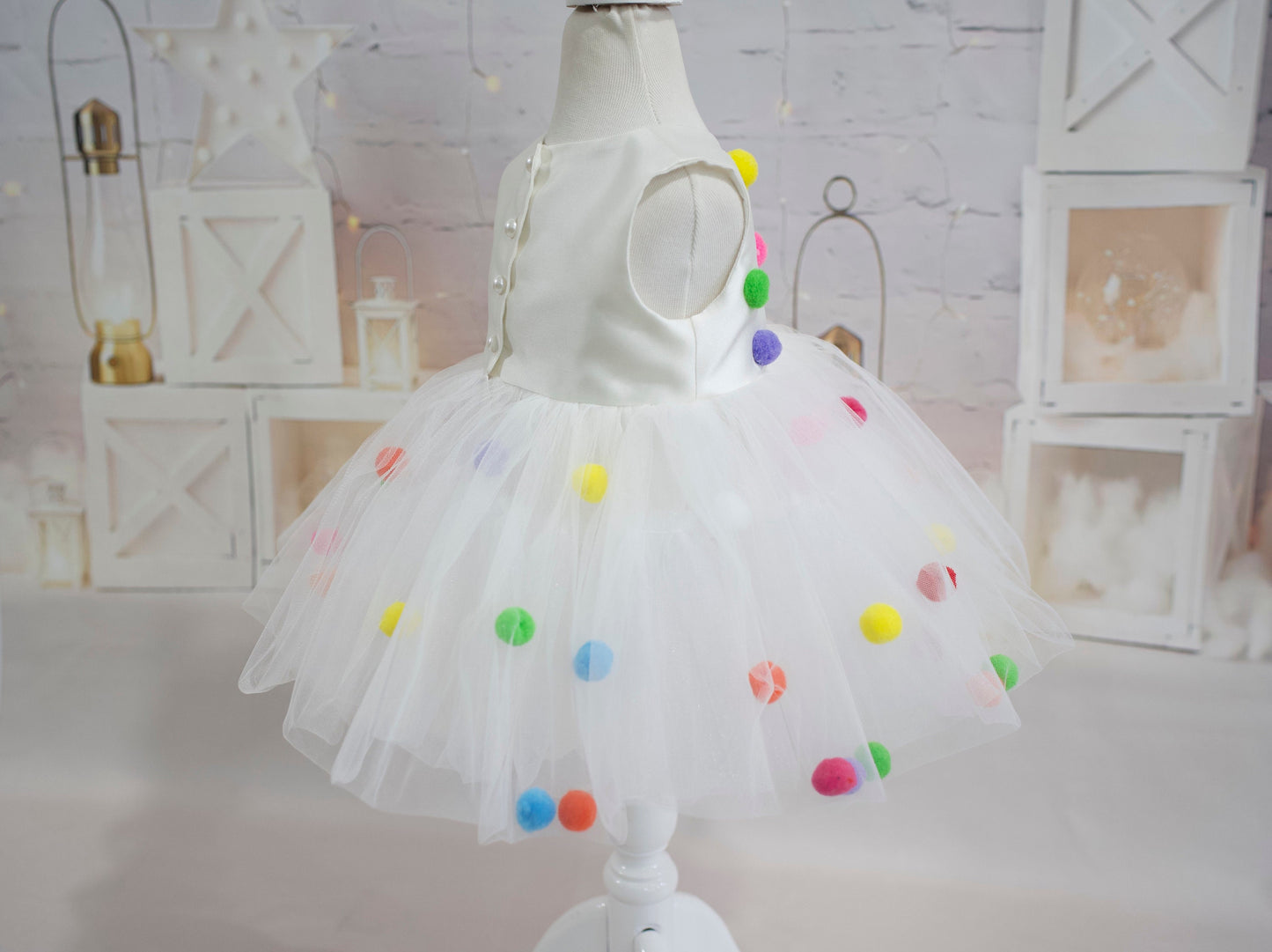 Pompom Tulle Baby Girl Dress: Rainbow Fluffy Costume