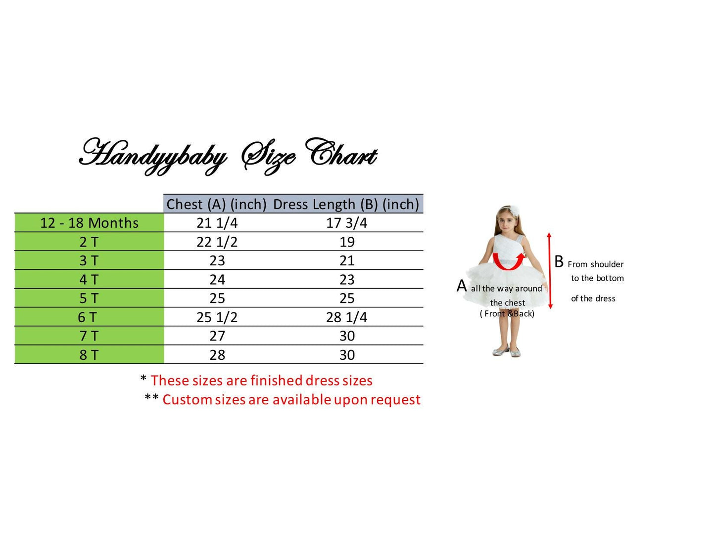 HandyyBaby dress size chart showing chest and dress length measurements with illustrated measuring guide