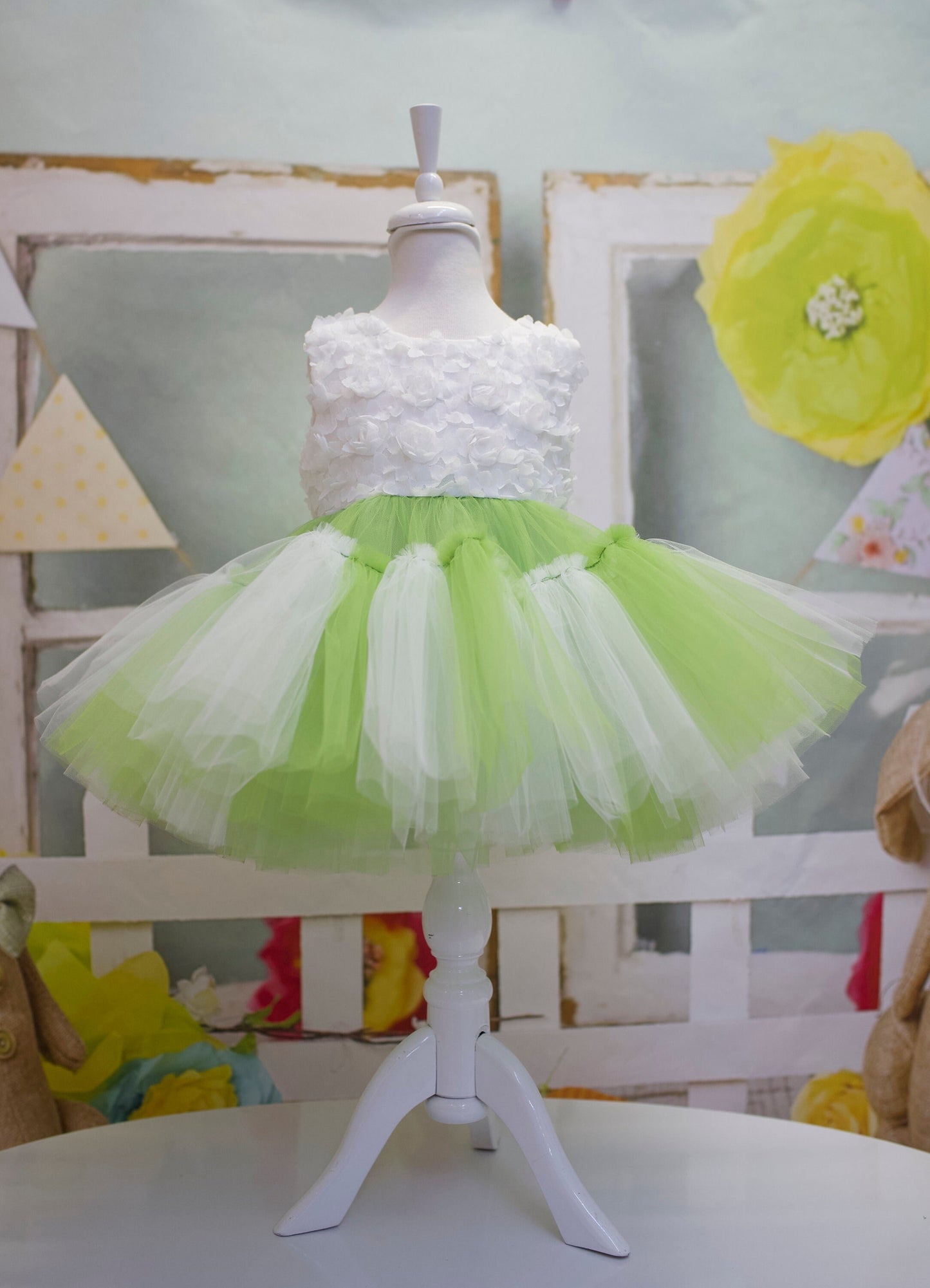 Princess Green and White Tulle Dress: Baby Wedding, First Birthday
