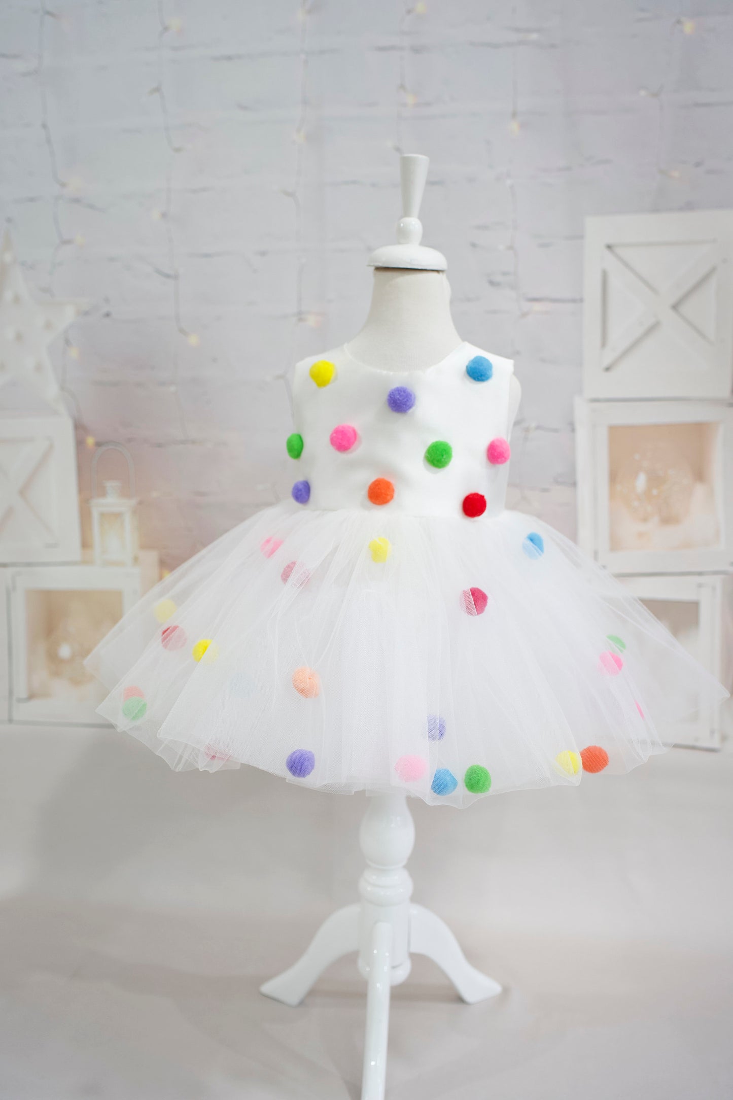 Pompom Tulle Baby Girl Dress: Rainbow Fluffy Costume