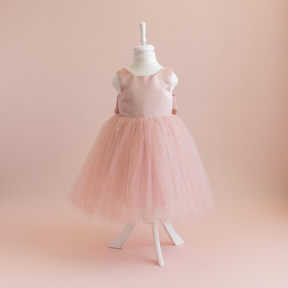 Blush Pink Pearl Tulle Flower Girl Dress: Satin Bodice, Bow Accent