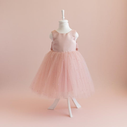 Blush Pink Pearl Tulle Flower Girl Dress: Satin Bodice, Bow Accent
