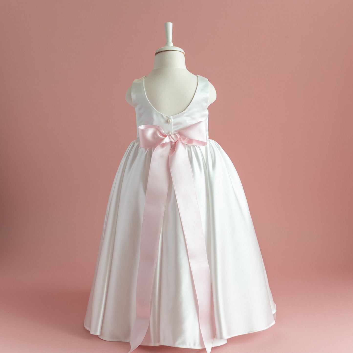 White Satin Flower Girl Dress: Big Bow, Floor Length