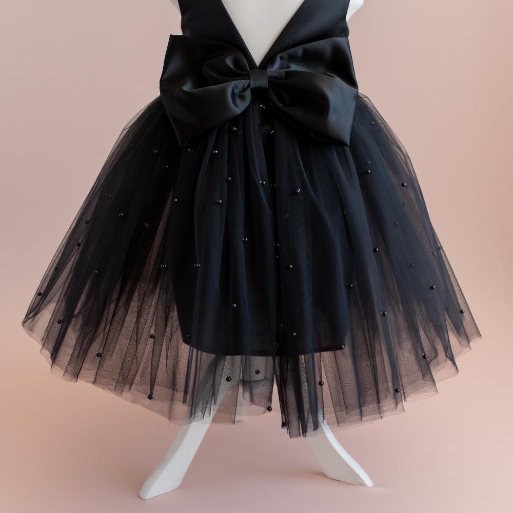 Black Pearl Tulle Flower Girl Dress: V-Back Satin Bow Gown