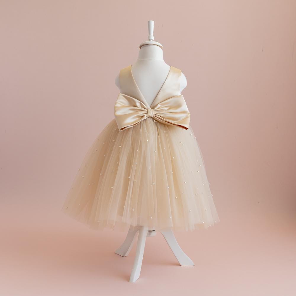 Champagne Pearl Tulle Flower Girl Dress: Elegant Satin Bow Gown