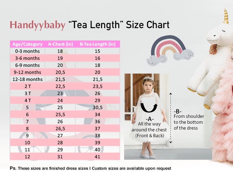 HandyyBaby dress size chart showing chest and dress length measurements with illustrated measuring guide