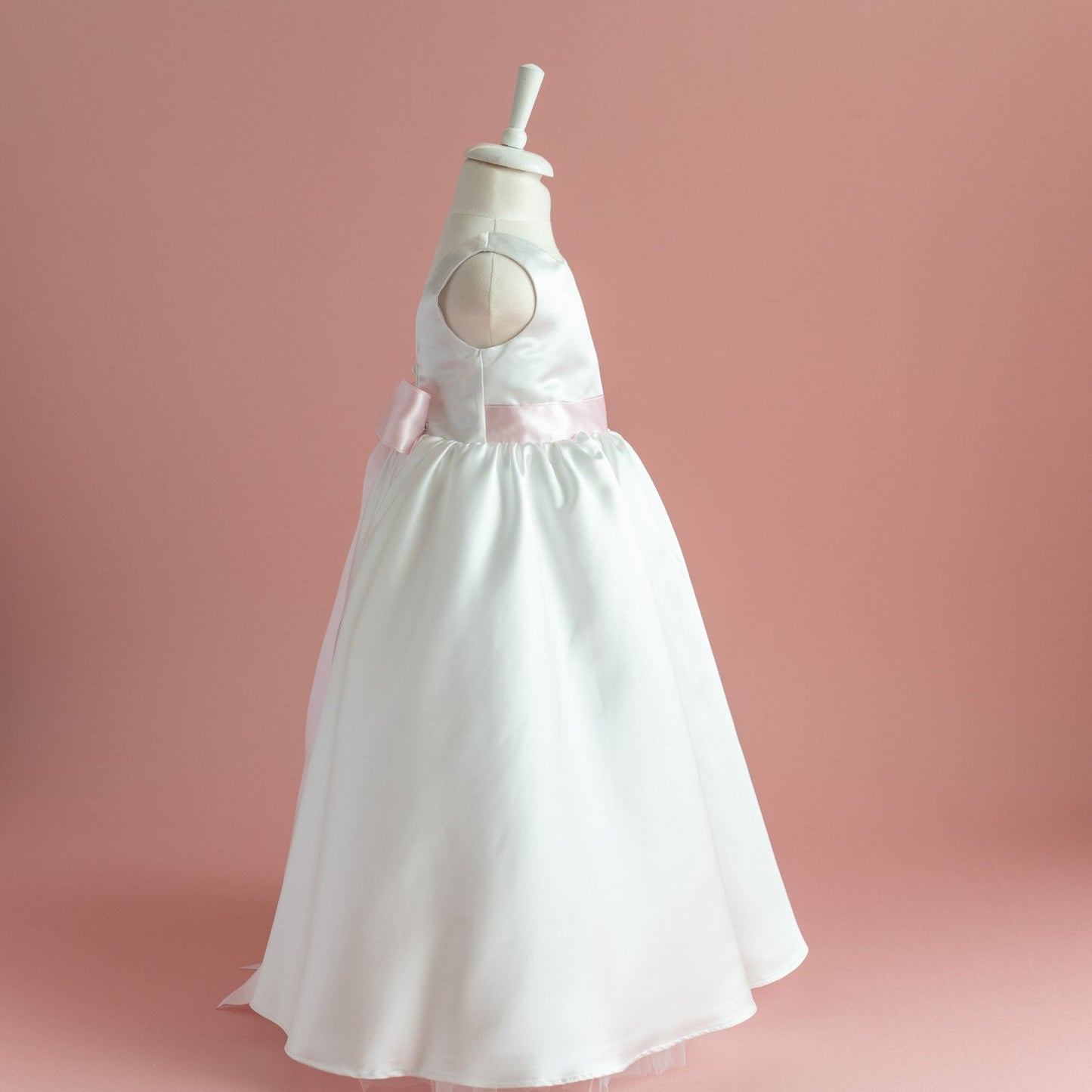 White Satin Flower Girl Dress: Big Bow, Floor Length