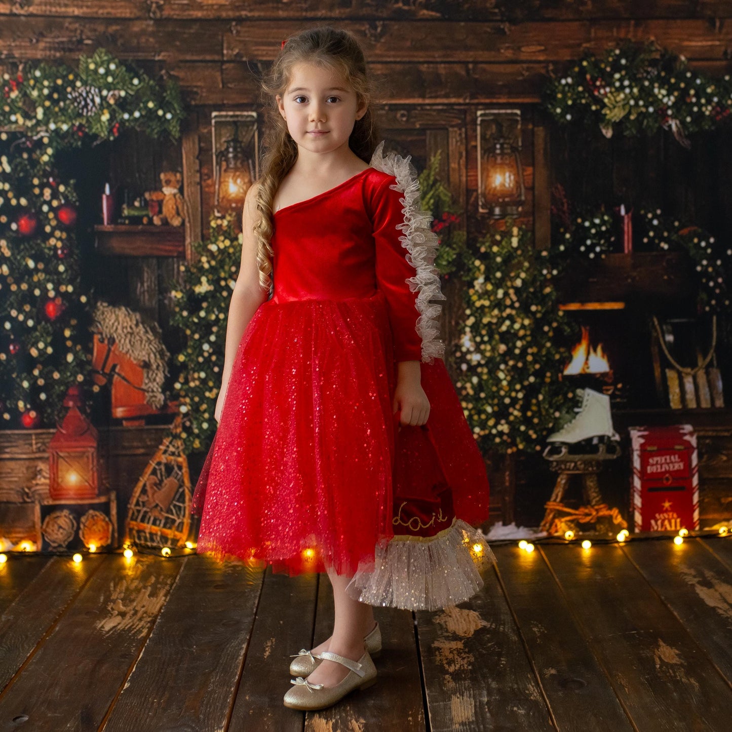 Red Velvet Christmas Dress: Shiny Tulle Dress with Personalized Bag