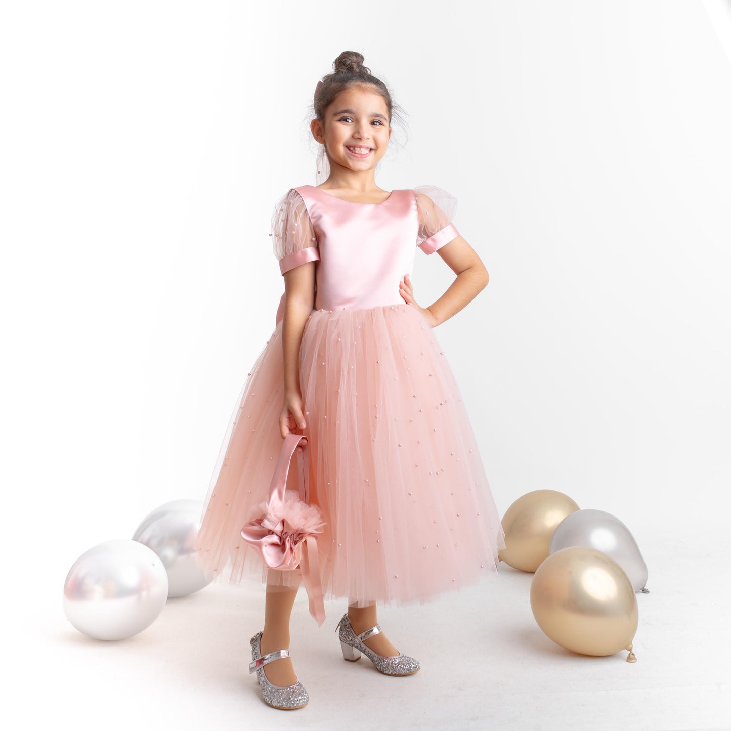 Blush Pearl Tulle Flower Girl Dress: V-Neck Communion, Baptism