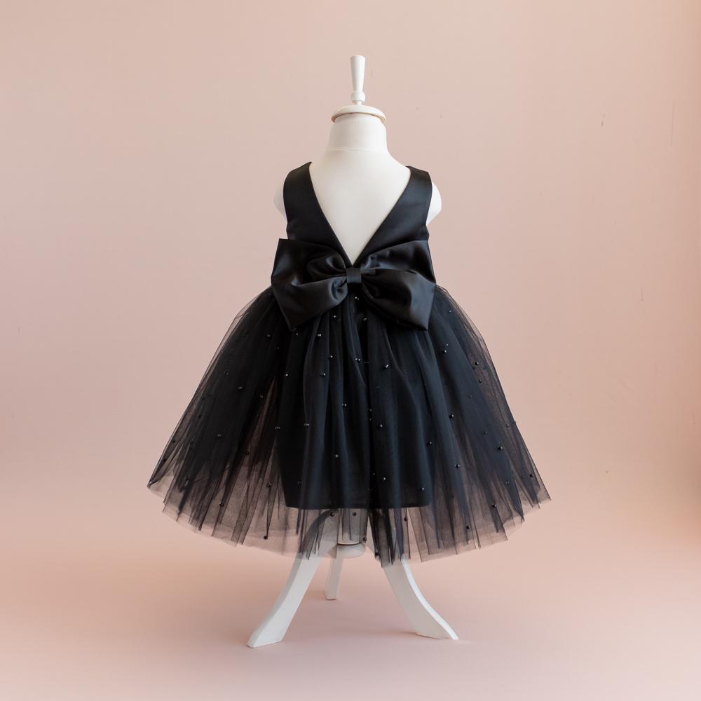 Black Pearl Tulle Flower Girl Dress: V-Back Satin Bow Gown