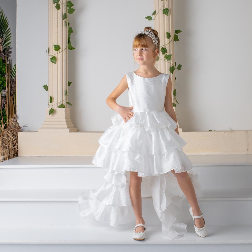 White Satin Flower Girl Dress: Detachable Train, V-Cut Back