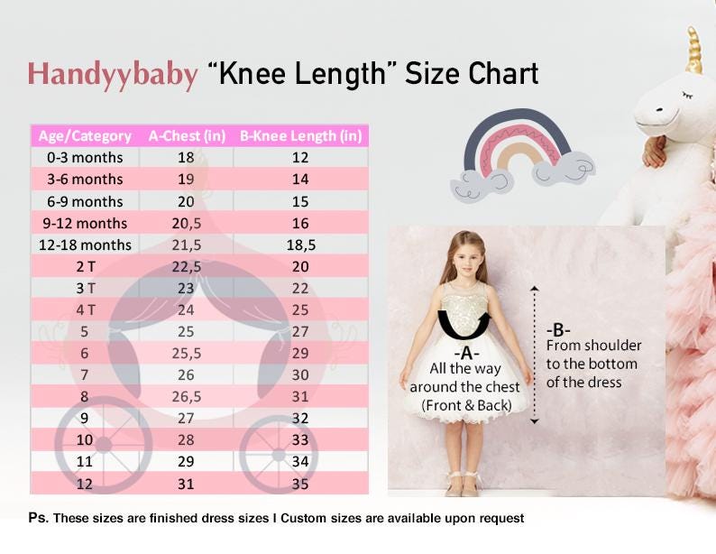 HandyyBaby dress size chart showing chest and dress length measurements with illustrated measuring guide