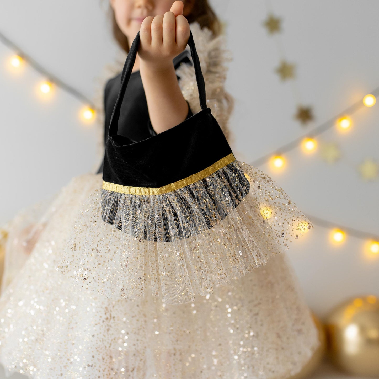 Black Velvet Baby Christmas Dress: Gold Tulle with Personalized Bag