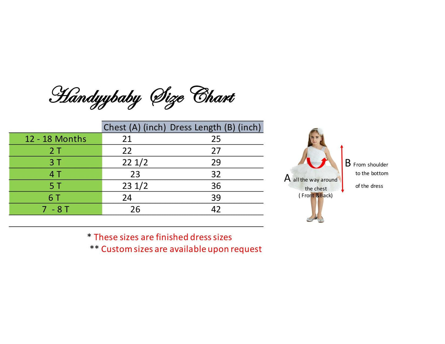 HandyBaby size chart showing chest and dress length measurements for girls dresses.