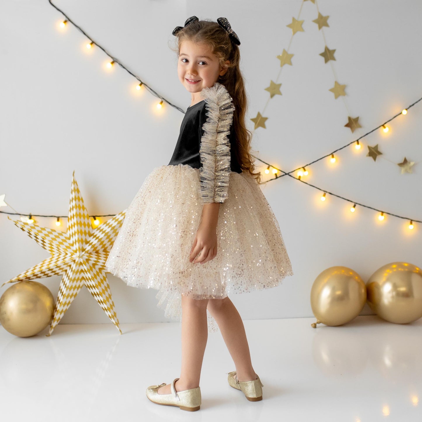 Black Velvet Baby Christmas Dress: Gold Tulle with Personalized Bag