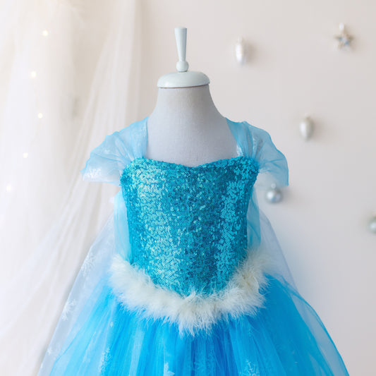 Girls' Sparkling Elsa-Inspired Princess Costume: Sequin Snowflake Tulle & Blue Satin Dress for Parties