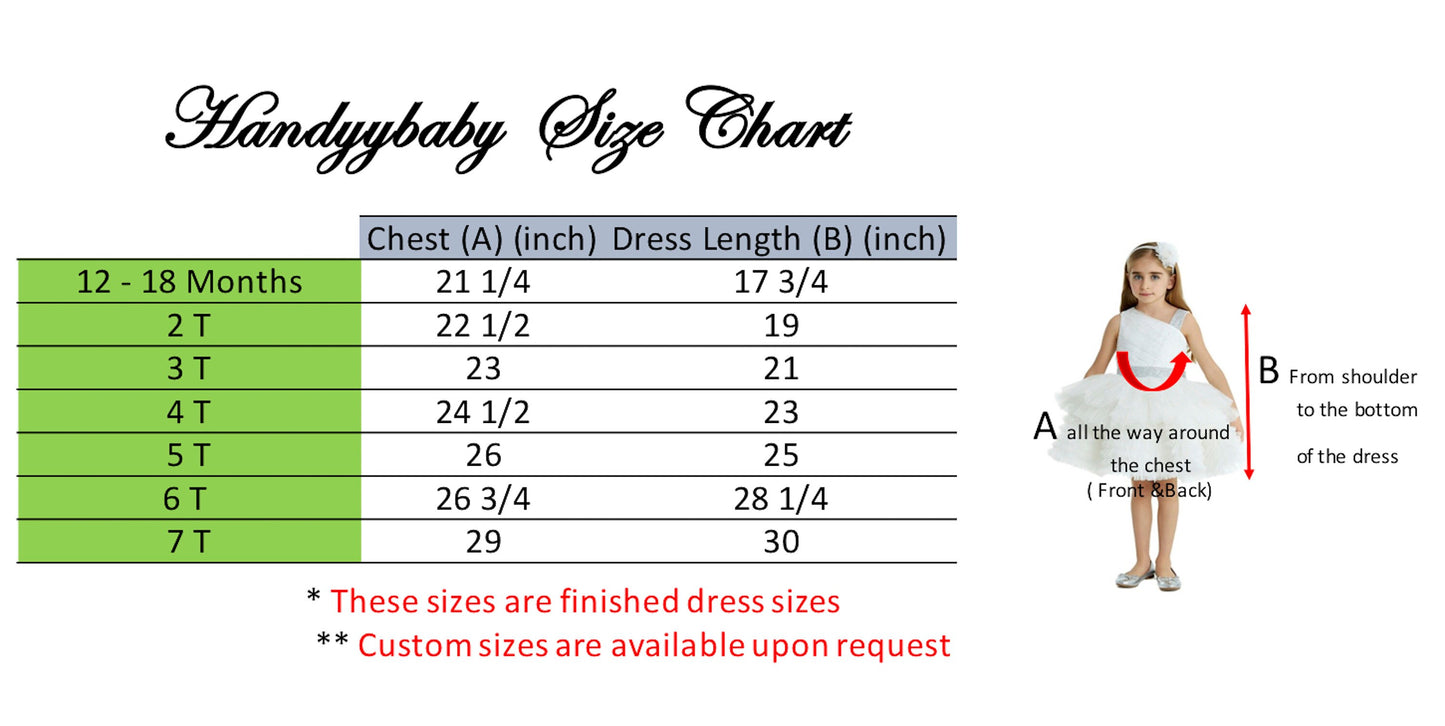 HandyyBaby dress size chart showing chest and dress length measurements with guide