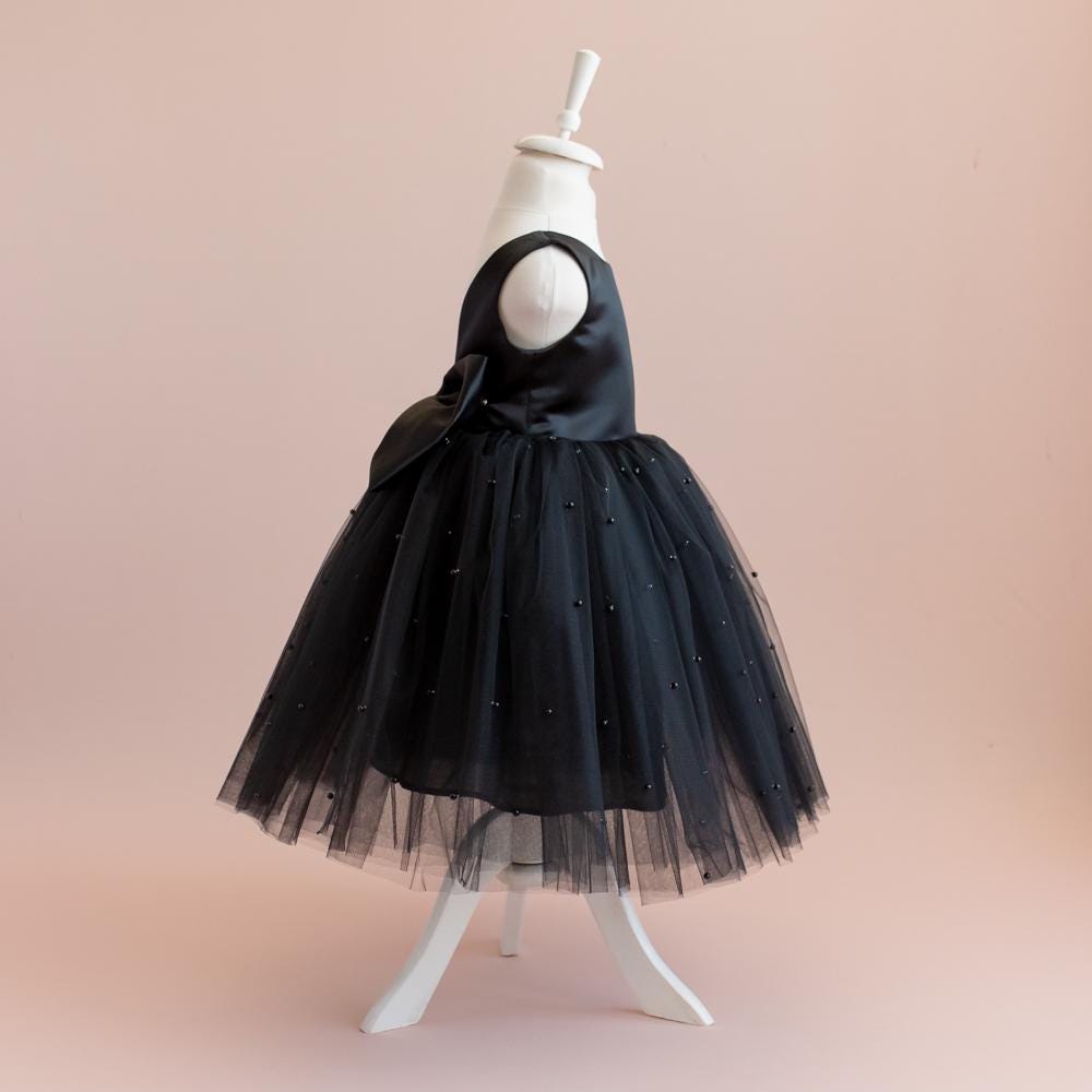 Black Pearl Tulle Flower Girl Dress: V-Back Satin Bow Gown