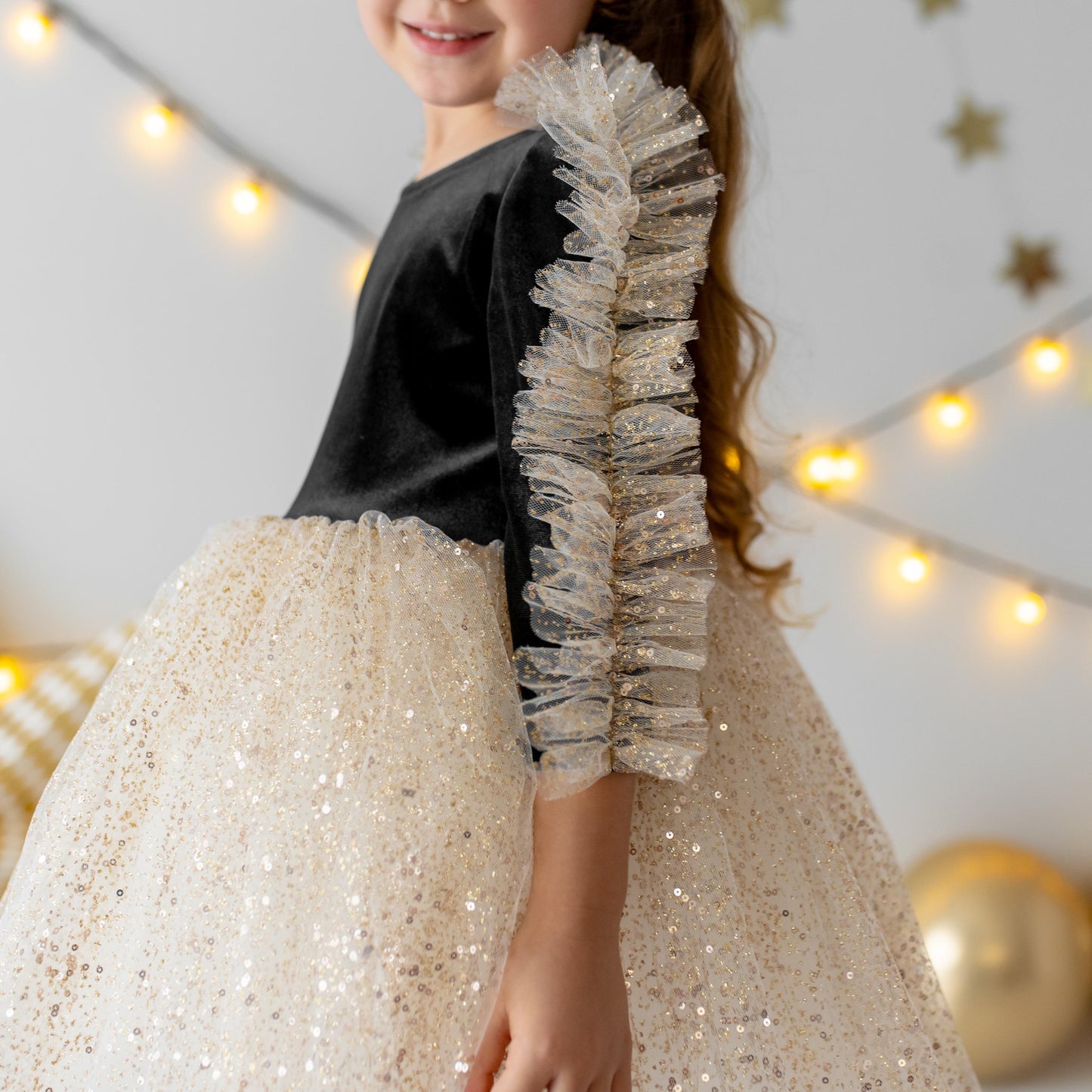 Black Velvet Baby Christmas Dress: Gold Tulle with Personalized Bag