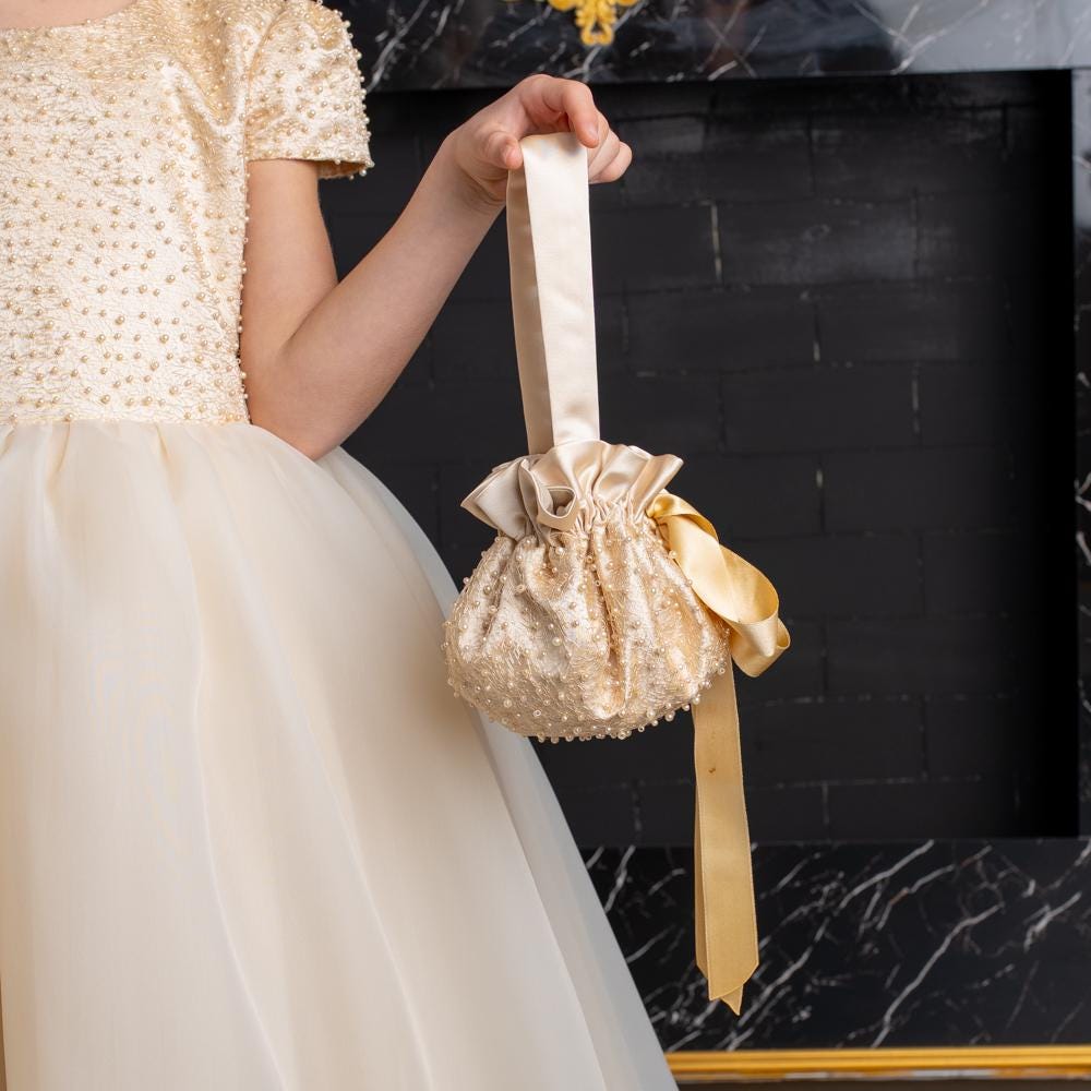 Elegant Champagne Floor-Length Flower Girl Dress with Pearls,Bows