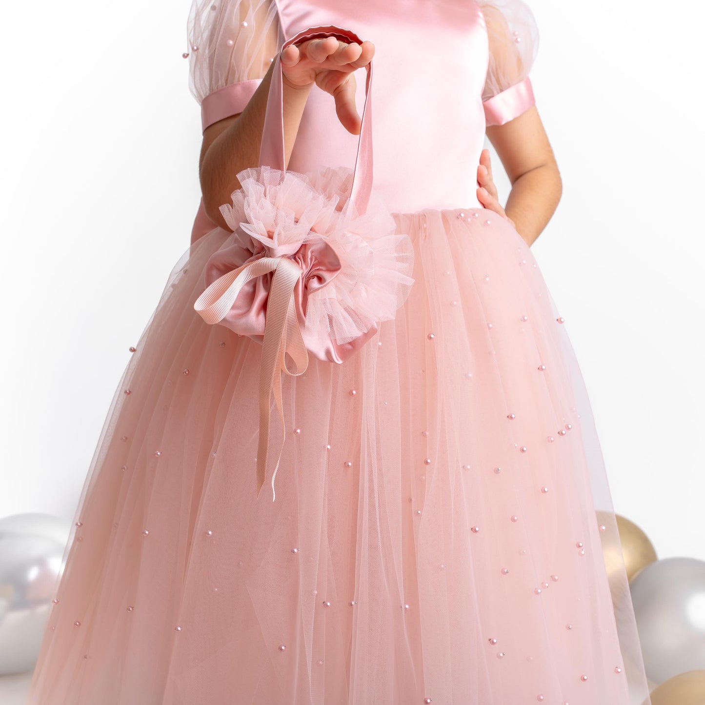 Blush Pearl Tulle Flower Girl Dress: V-Neck Communion, Baptism