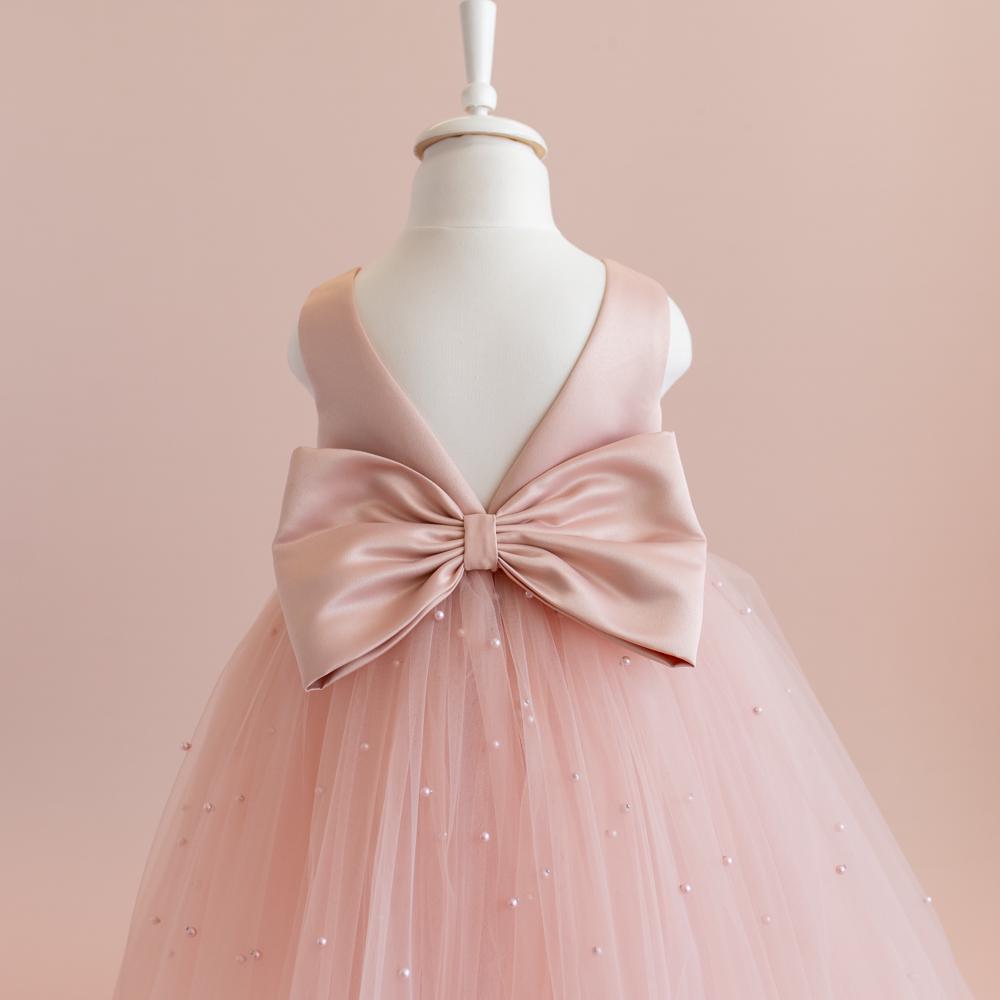 Blush Pink Pearl Tulle Flower Girl Dress: Satin Bodice, Bow Accent