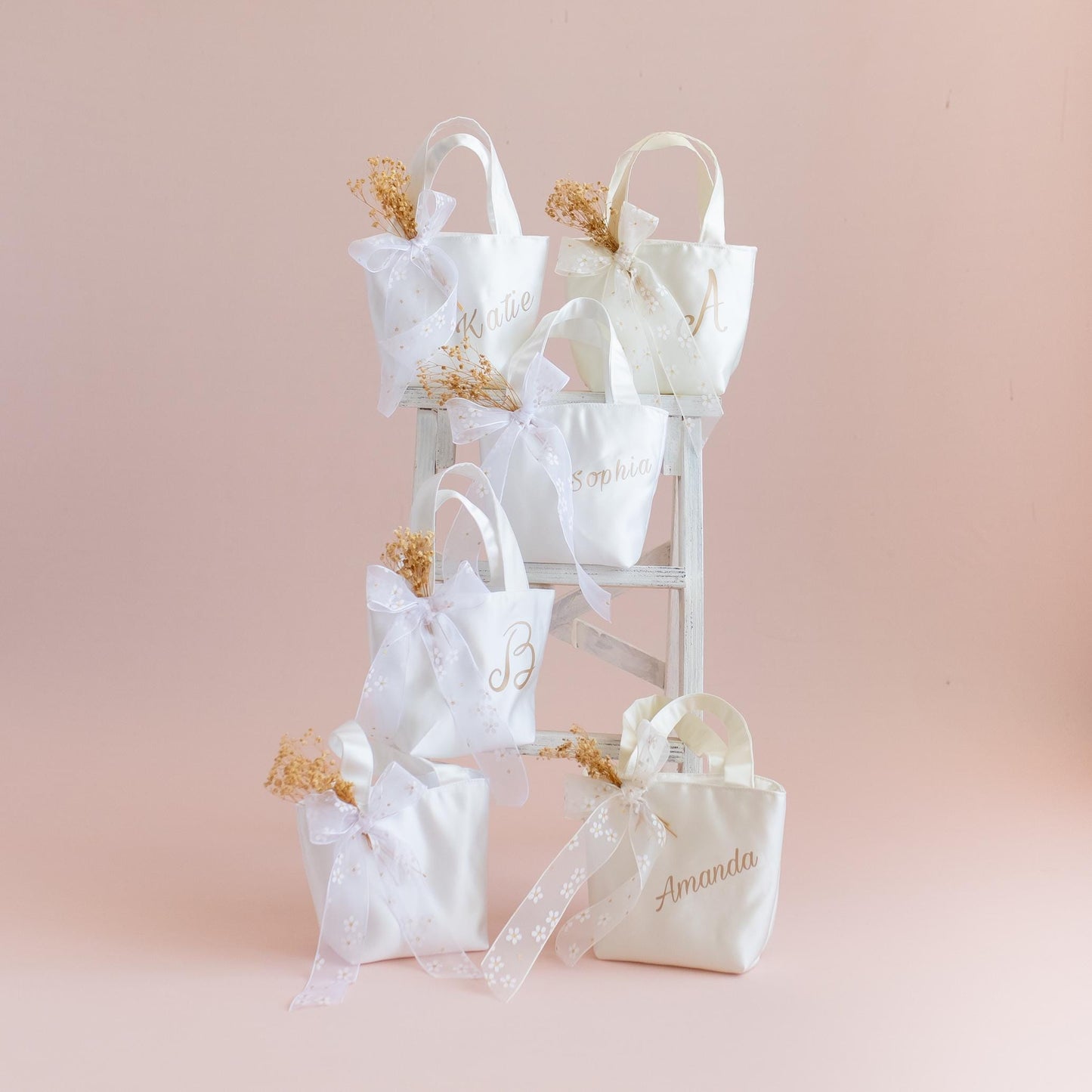 Personalized Satin Flower Girl Tote Bag: Heart Purse & Hair Bow Set