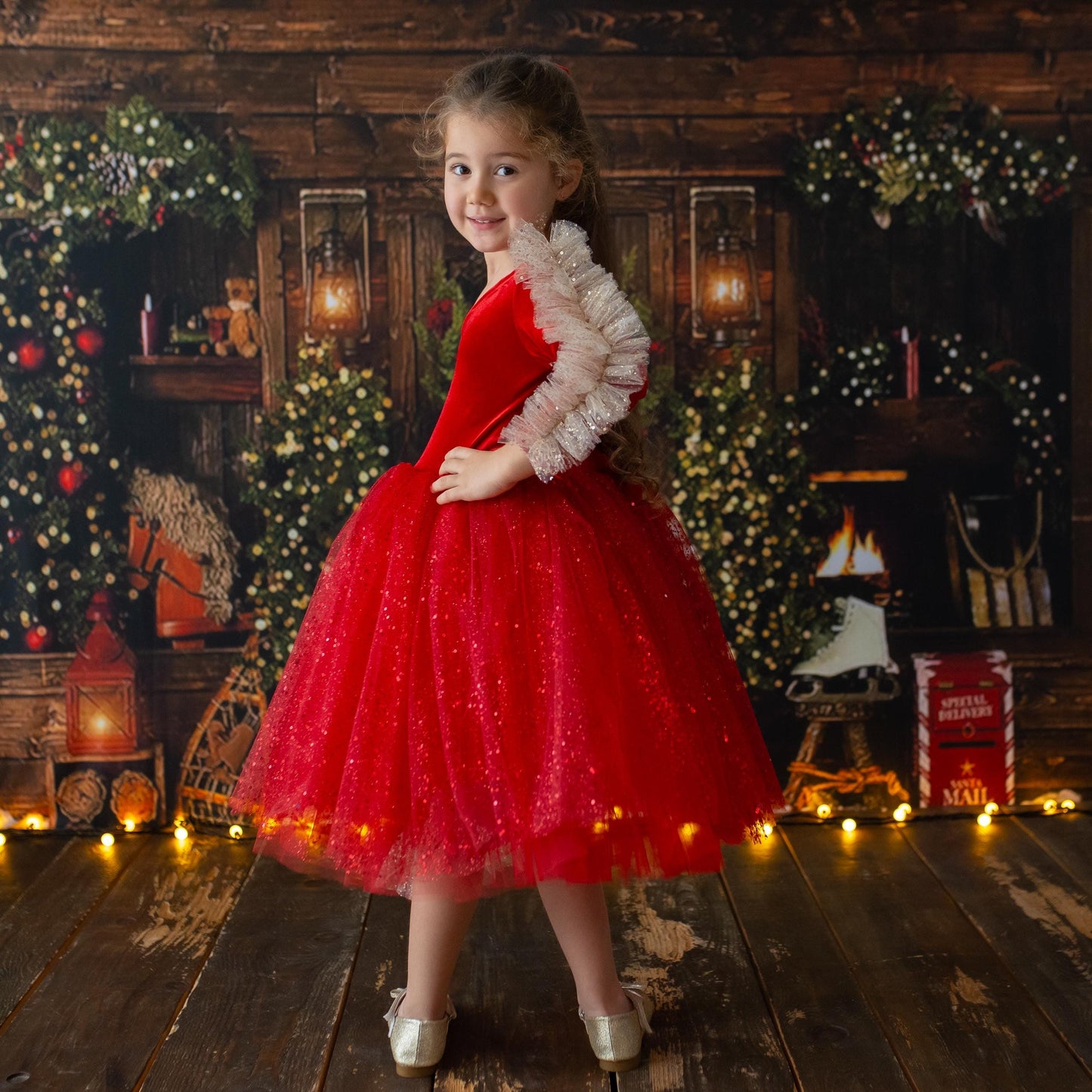 Red Velvet Christmas Dress: Shiny Tulle Dress with Personalized Bag