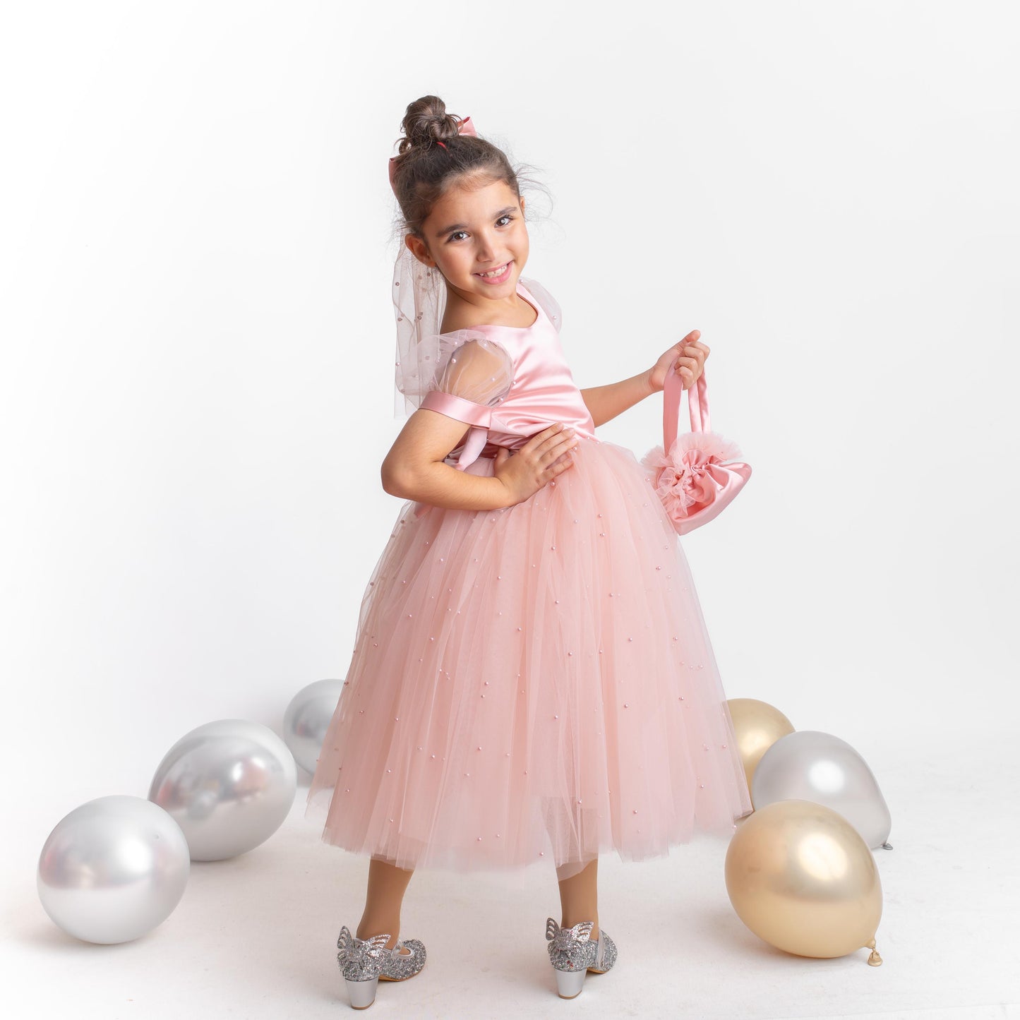 Blush Pearl Tulle Flower Girl Dress: V-Neck Communion, Baptism