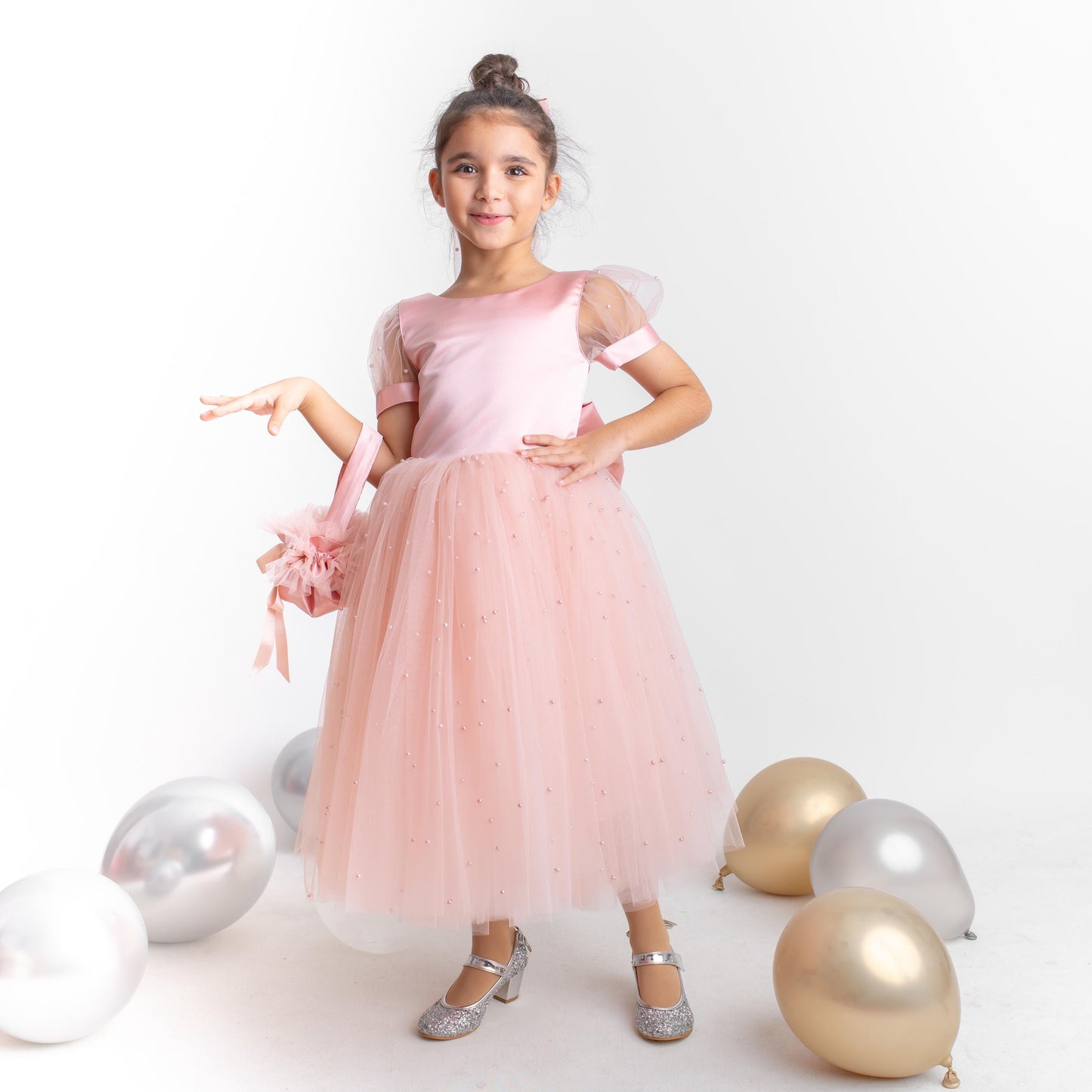Blush Pearl Tulle Flower Girl Dress: V-Neck Communion, Baptism