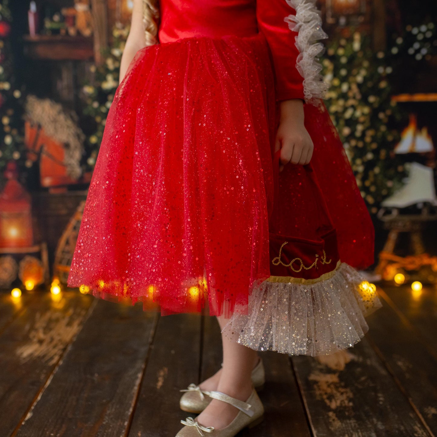 Red Velvet Christmas Dress: Shiny Tulle Dress with Personalized Bag