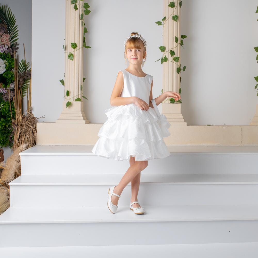 White Satin Flower Girl Dress: Detachable Train, V-Cut Back