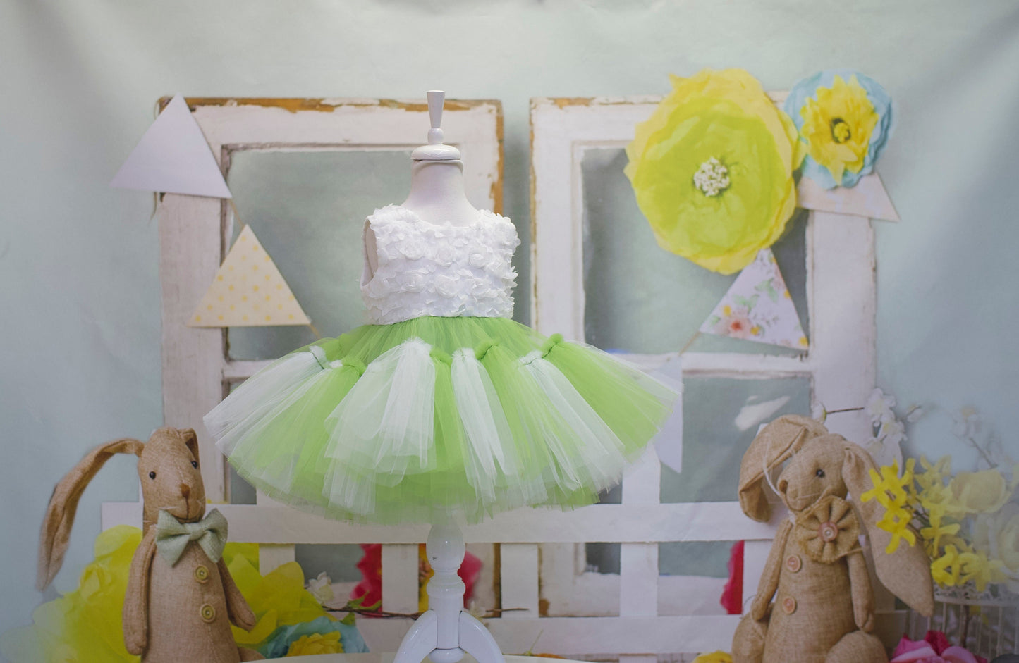 Princess Green and White Tulle Dress: Baby Wedding, First Birthday