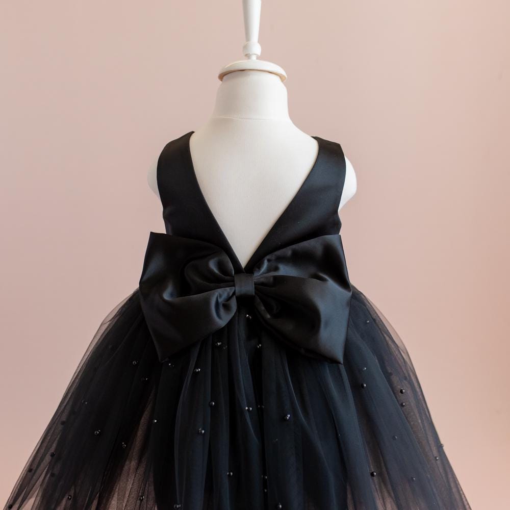 Black Pearl Tulle Flower Girl Dress: V-Back Satin Bow Gown