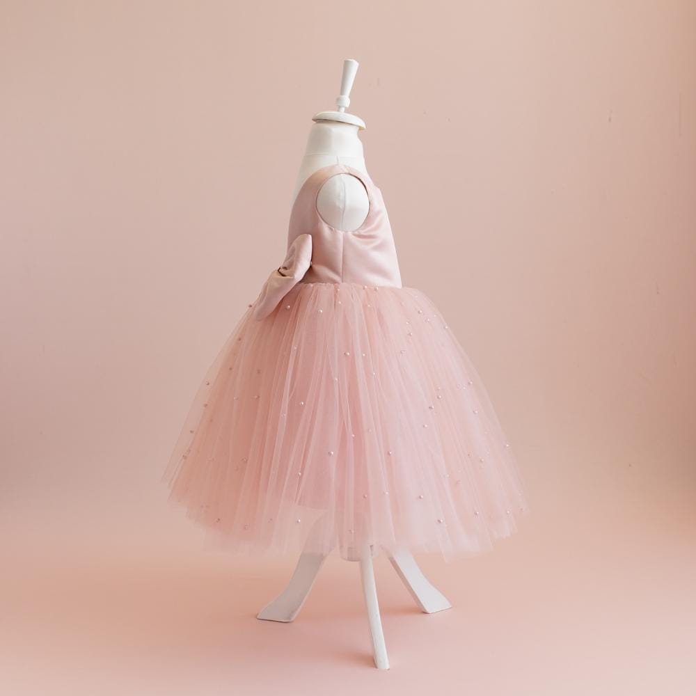 Blush Pink Pearl Tulle Flower Girl Dress: Satin Bodice, Bow Accent