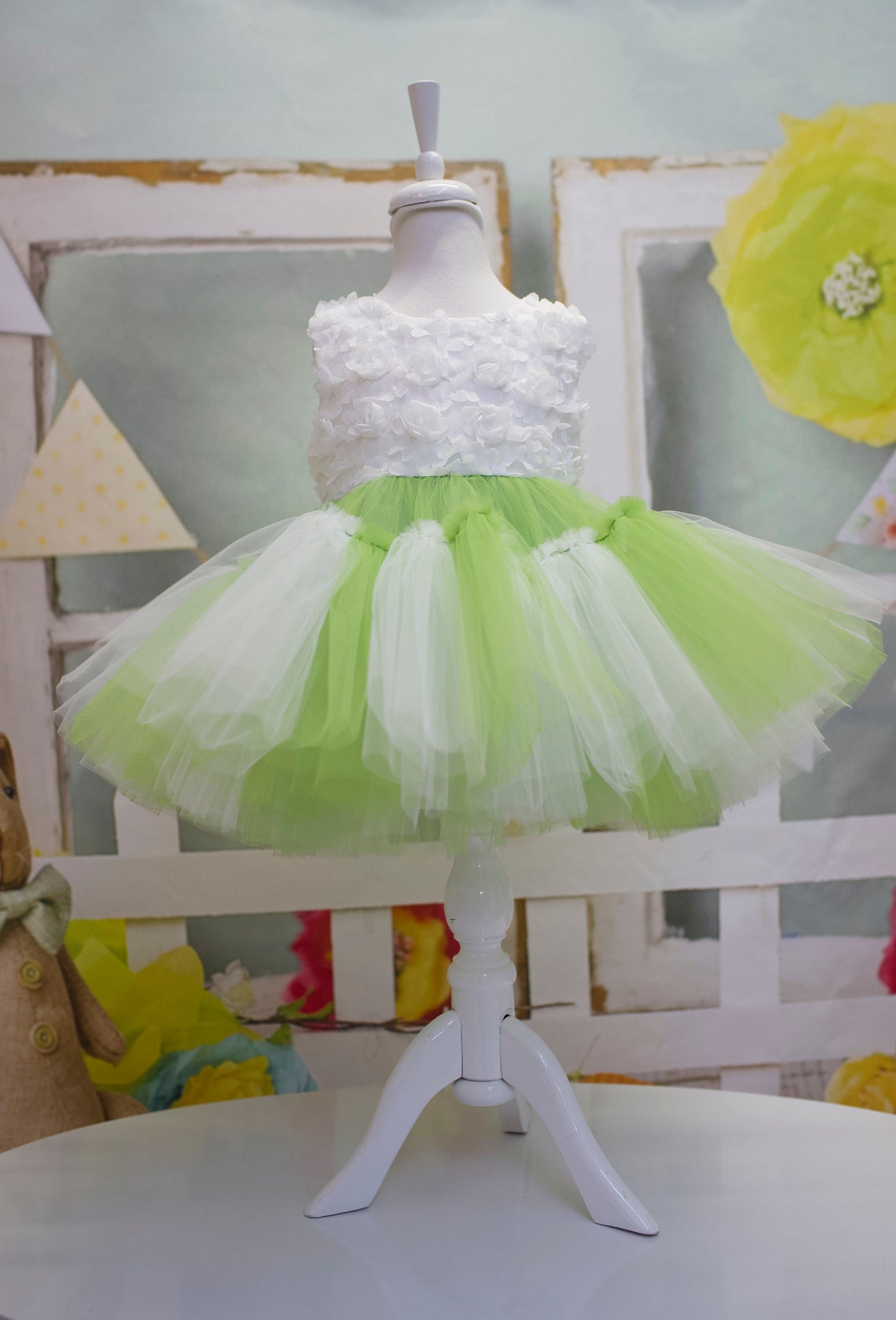 Princess Green and White Tulle Dress: Baby Wedding, First Birthday