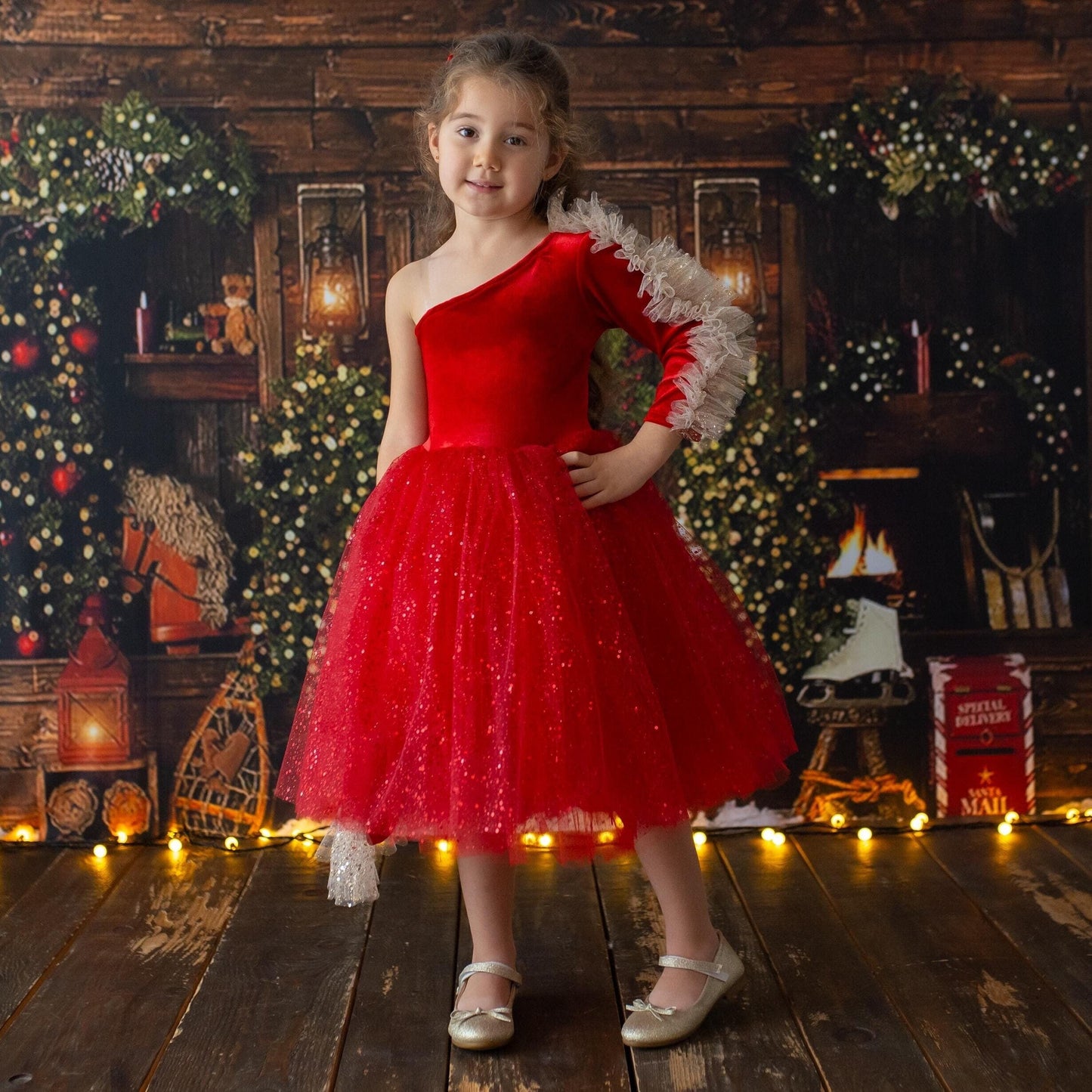 Red Velvet Christmas Dress: Shiny Tulle Dress with Personalized Bag