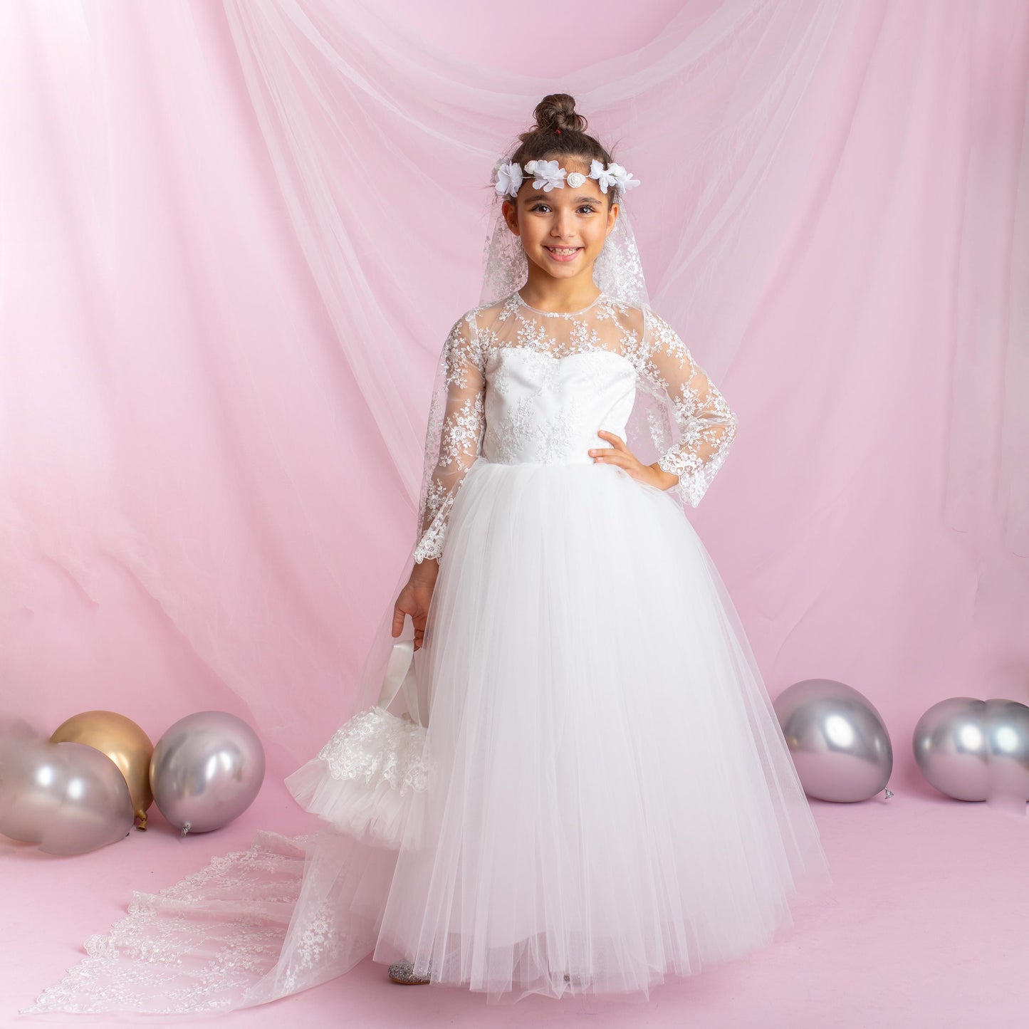 Lace Flower Girl Dress with Detachable Train: First Communion Gown