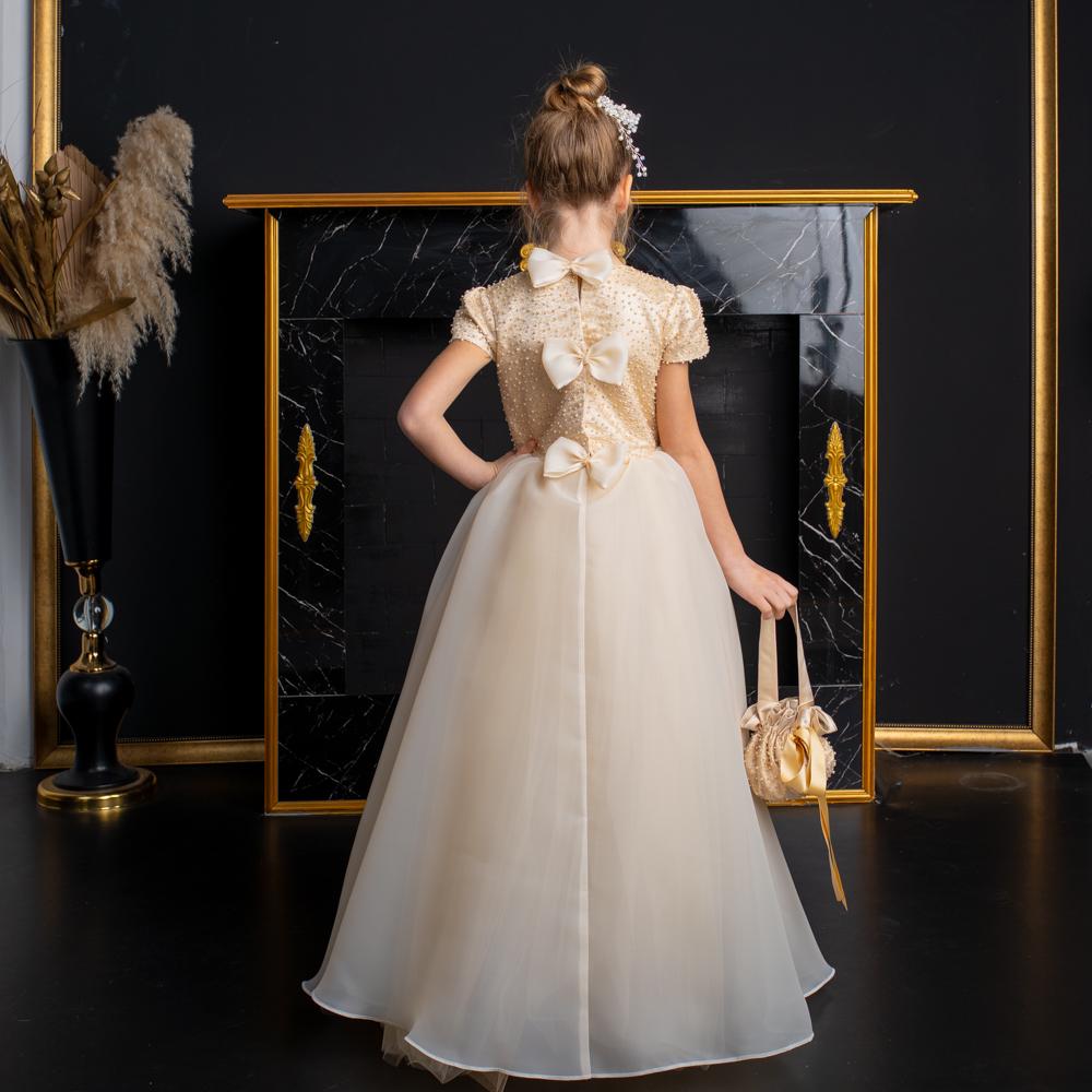 Elegant Champagne Floor-Length Flower Girl Dress with Pearls,Bows
