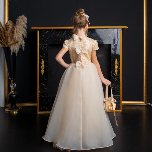 Elegant Champagne Floor-Length Flower Girl Dress with Pearls,Bows