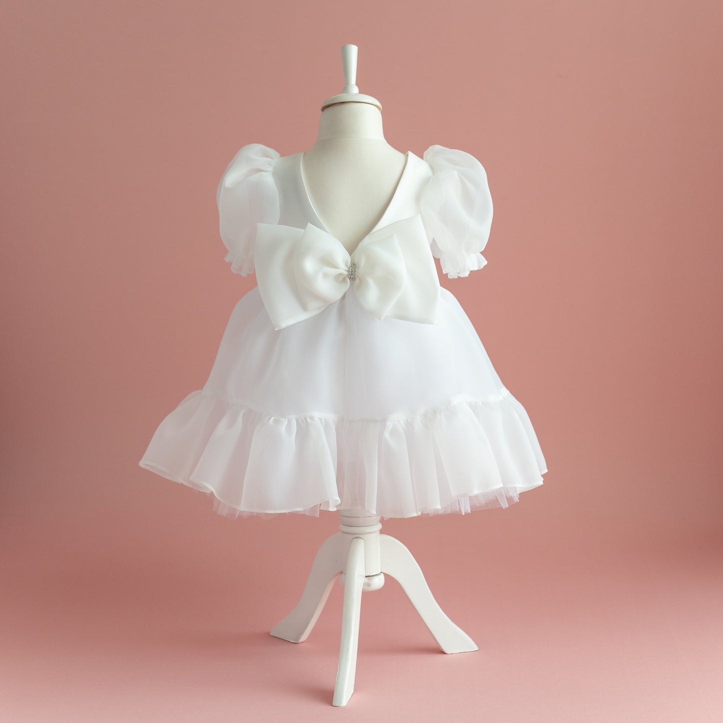 White Organza Flower Girl Dress with Bow: First Communion, Party Dress