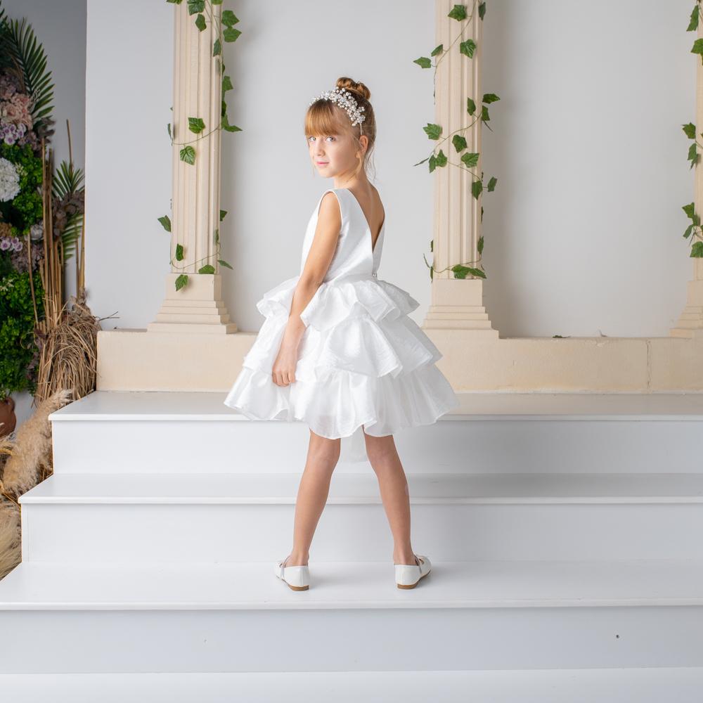 White Satin Flower Girl Dress: Detachable Train, V-Cut Back