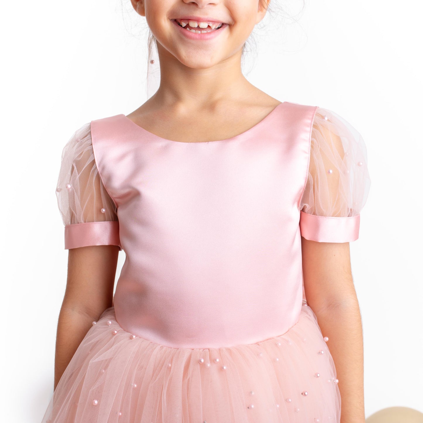 Blush Pearl Tulle Flower Girl Dress: V-Neck Communion, Baptism