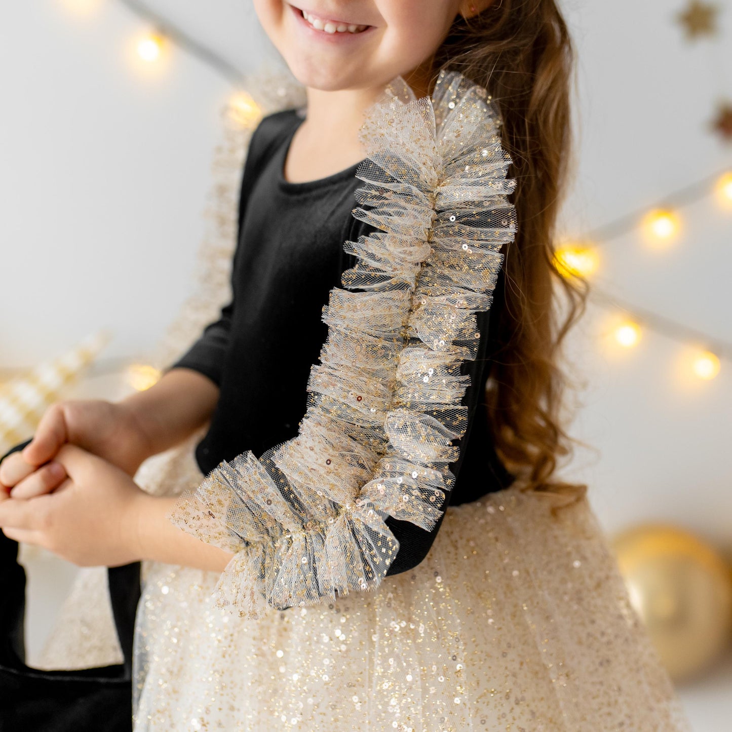 Black Velvet Baby Christmas Dress: Gold Tulle with Personalized Bag