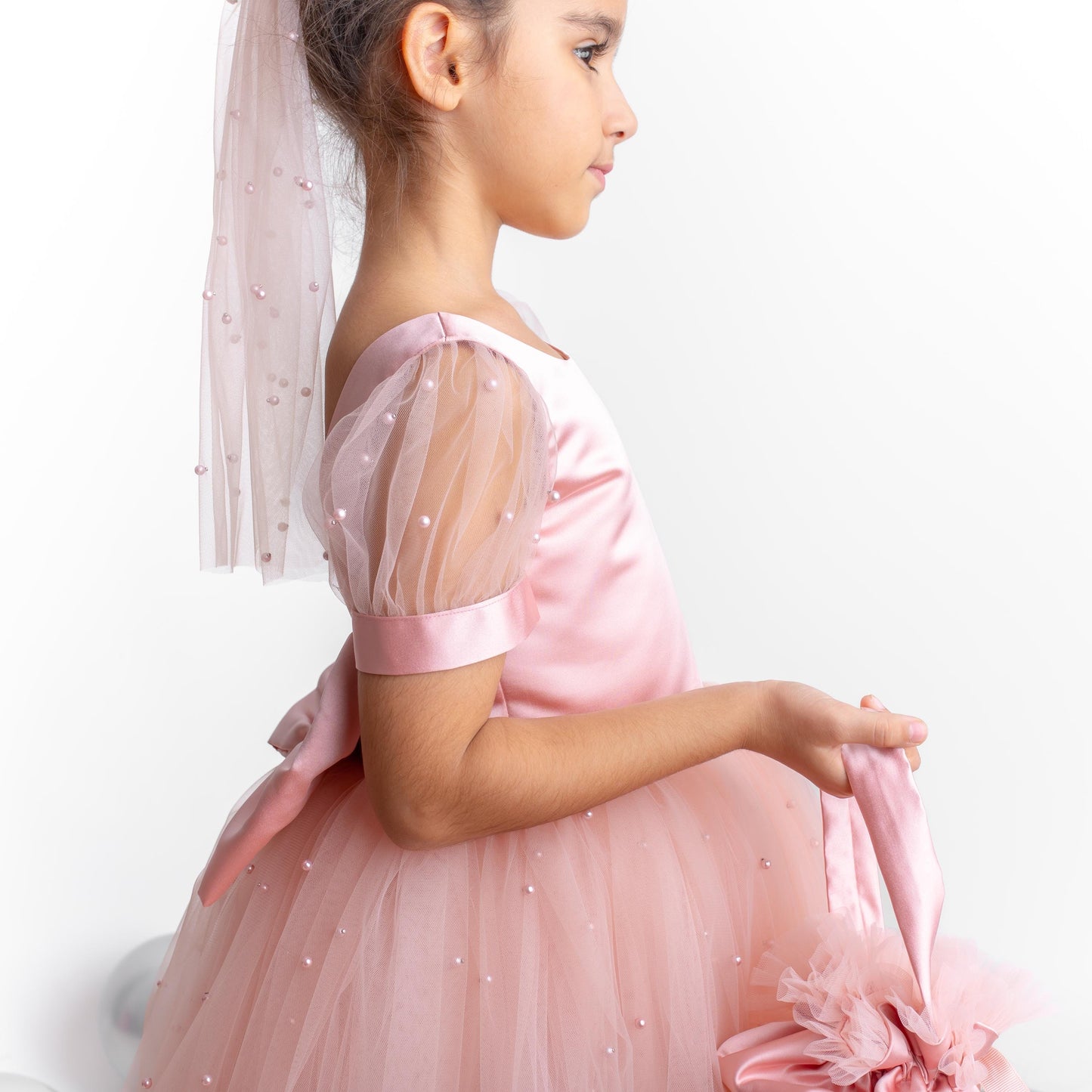 Blush Pearl Tulle Flower Girl Dress: V-Neck Communion, Baptism