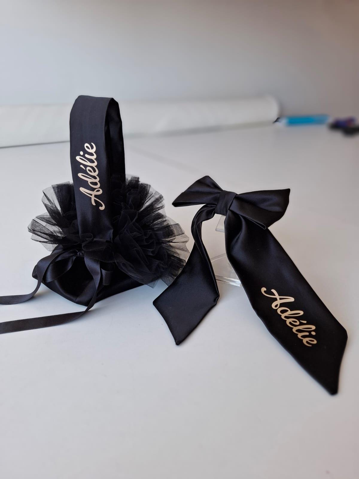 Black Pearl Tulle Flower Girl Dress: V-Back Satin Bow Gown
