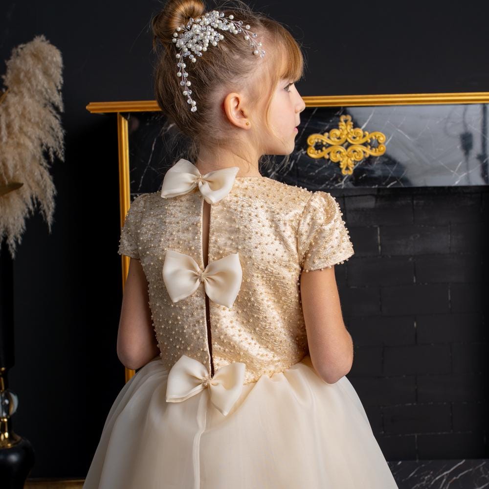 Elegant Champagne Floor-Length Flower Girl Dress with Pearls,Bows